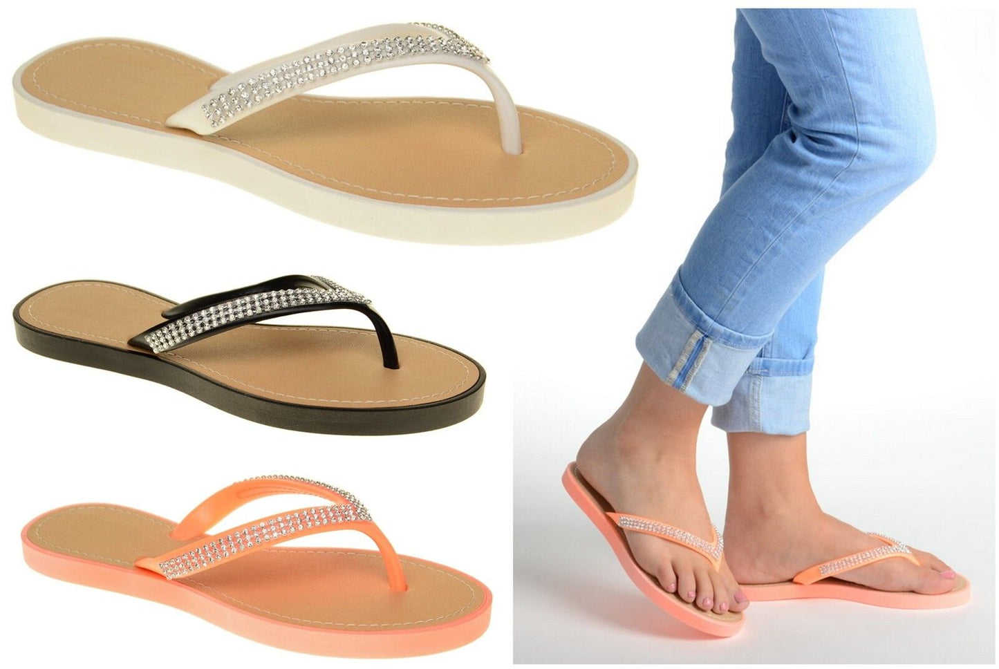 LADIES WOMENS FLAT SANDALS FLIP FLOP SUMMER JELLY DIAMANTE BEACH SHOES SIZE