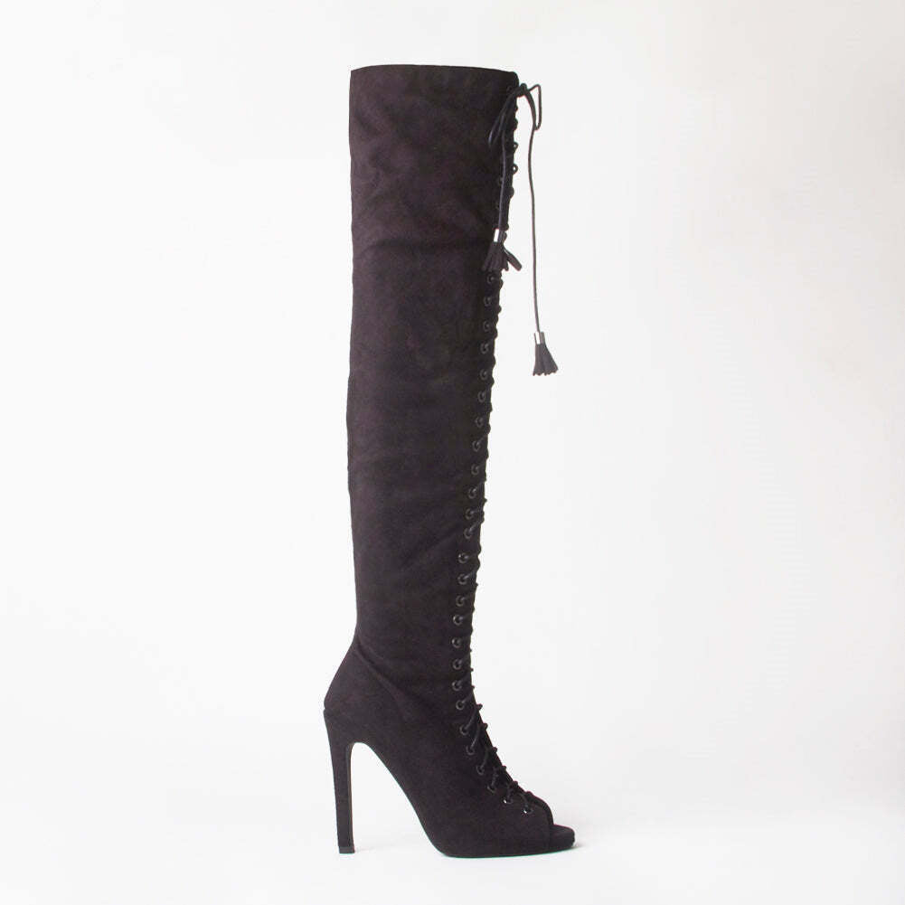 Ally Lace Up Thigh High Boots With Stiletto Heel