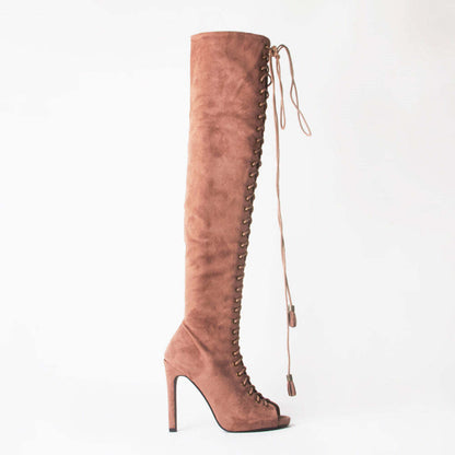 Ally Lace Up Thigh High Boots With Stiletto Heel